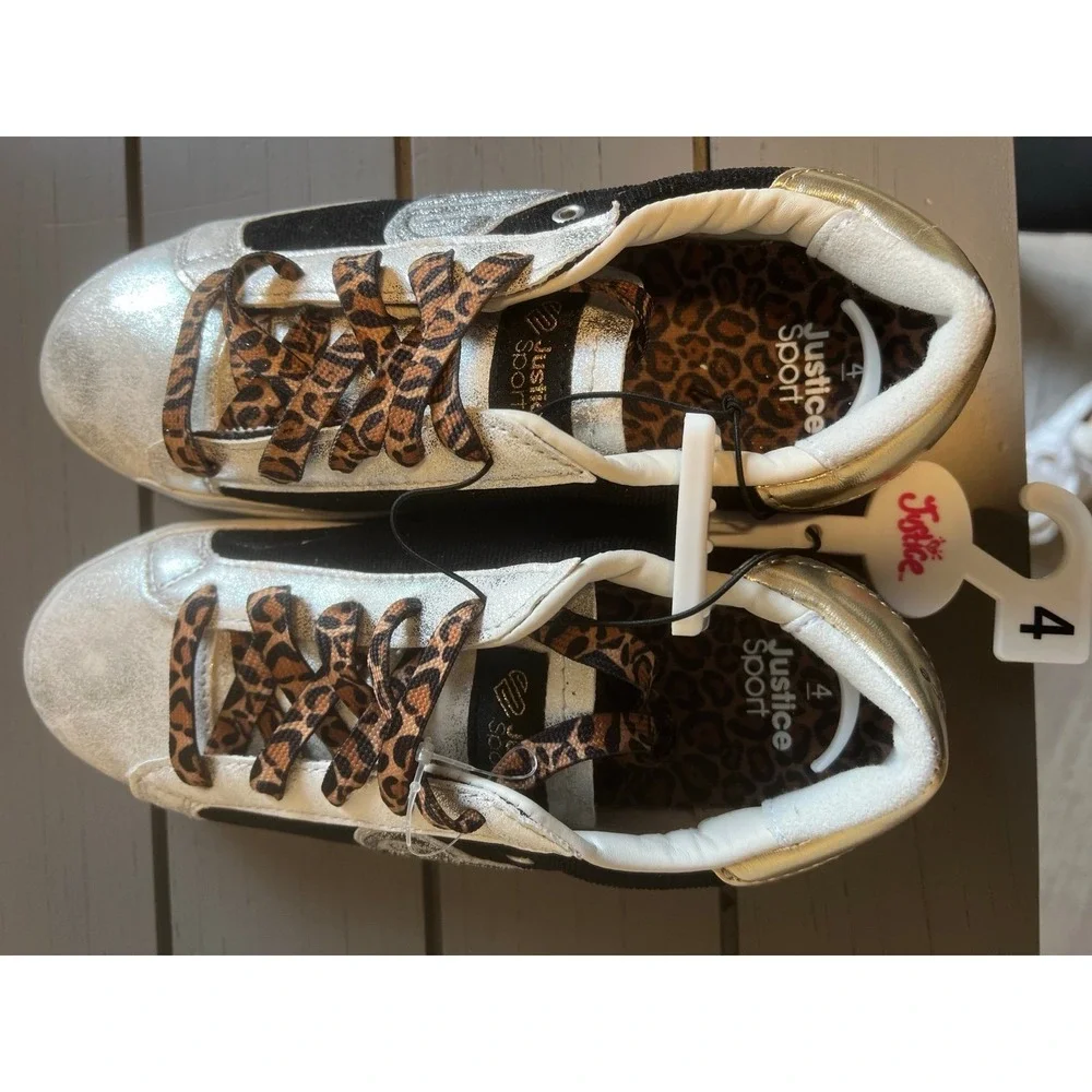 NEW Justice glitter leopard black and silver and gold Court Sneaker, Size 4 girl